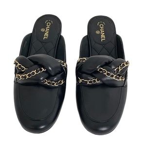 Chanel Black Leather Braided Chain Mule Sandals Size
